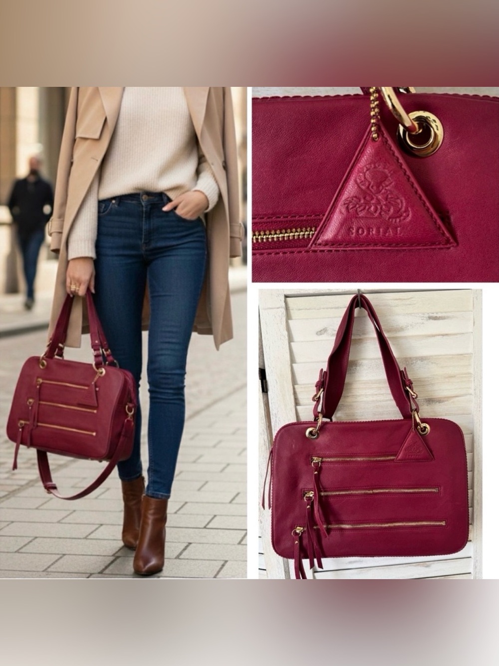 Sorial New York Red / Burgundy Leather Tote Zipper Accents Pocketbook Travel